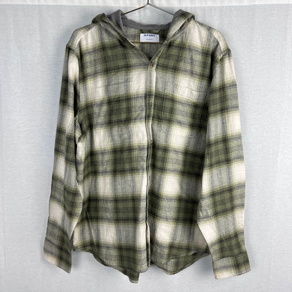 NWT Old Navy Shirt Mens Large Hooded Plaid Flannel Green Grunge Cabin Granola